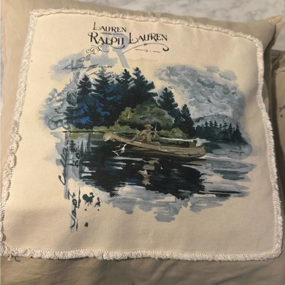 2 Ralph Lauren Beige and Blue Scenic Pillows - Picture 4 of 4